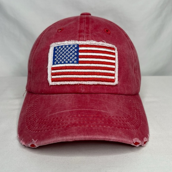 Red Distressed American Patriot Baseball Hat - Picture 1 of 11